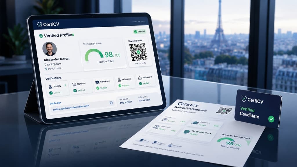 Badge de vérification publique CertiCV avec score de crédibilité affiché sur tablette dans un bureau moderne