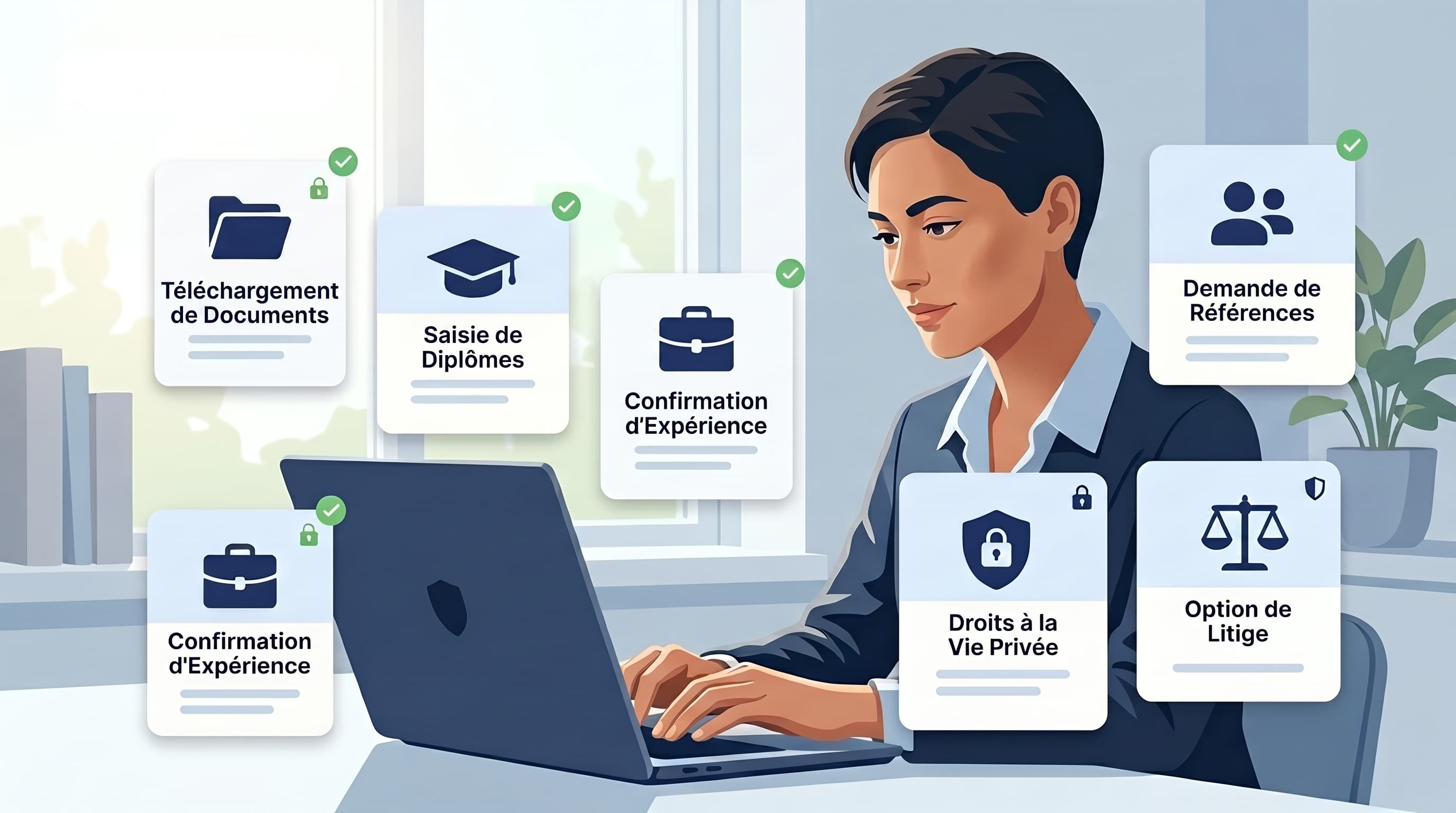 Illustration du parcours candidat CertiCV avec téléchargement de documents, saisie de diplômes, confirmation d'expérience, références et droits de confidentialité
